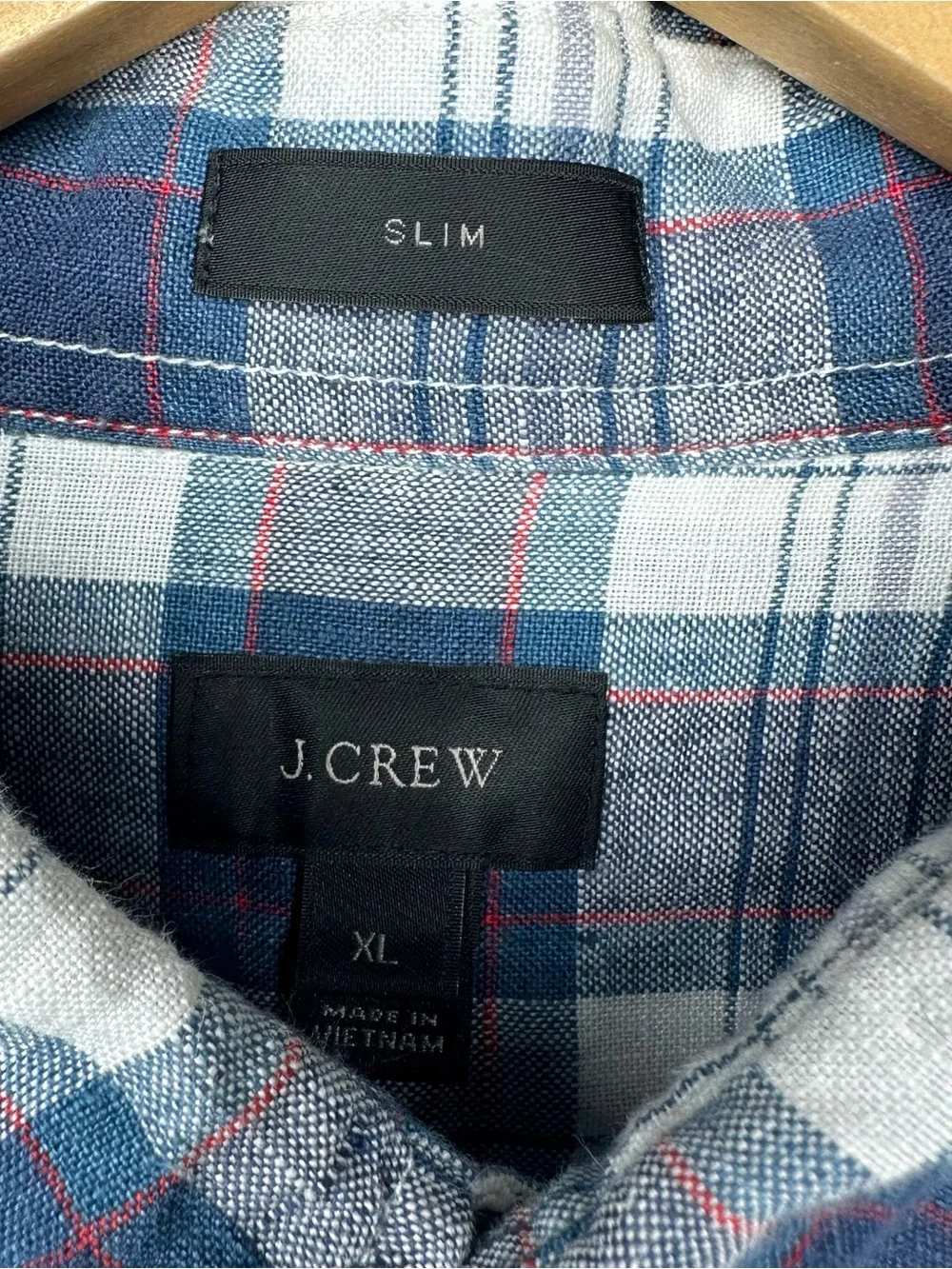 J. Crew Baird McNutt Irish Linen Plaid Shirt Mens XL Slim Blue White Button Down